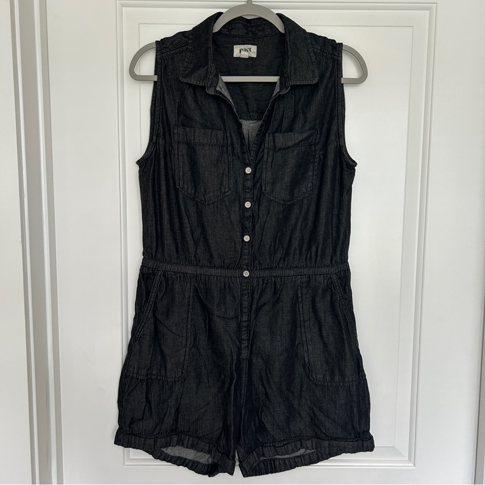 Pact Black Denim Chambray Sleeveless Romper, Size Small